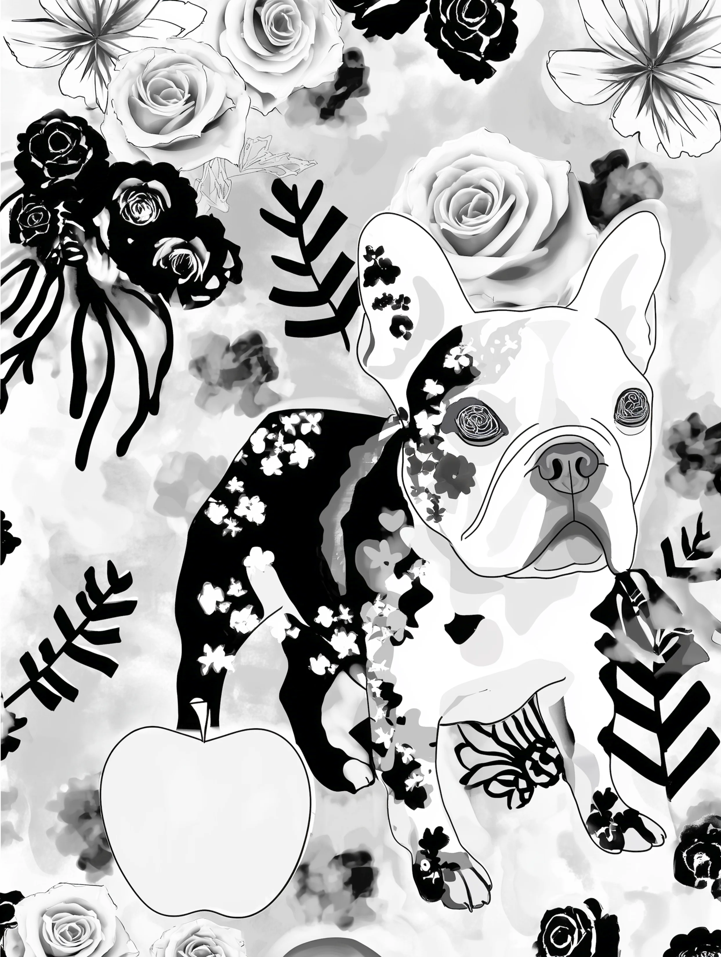 Free printable french bulldog coloring page featuring a french bulldog with roses